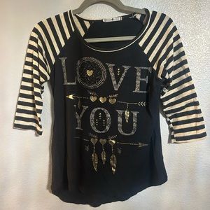 Women’s black tan gold graphic 3/4 sleeve shirt size small